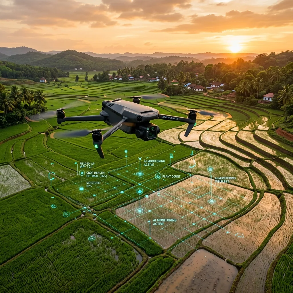 Agricultural drone monitoring crops with AI analytics