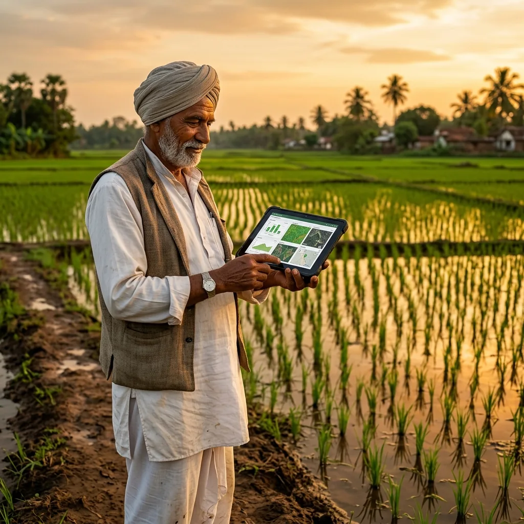Indian farmer reviewing crop data on a tablet at the field edge