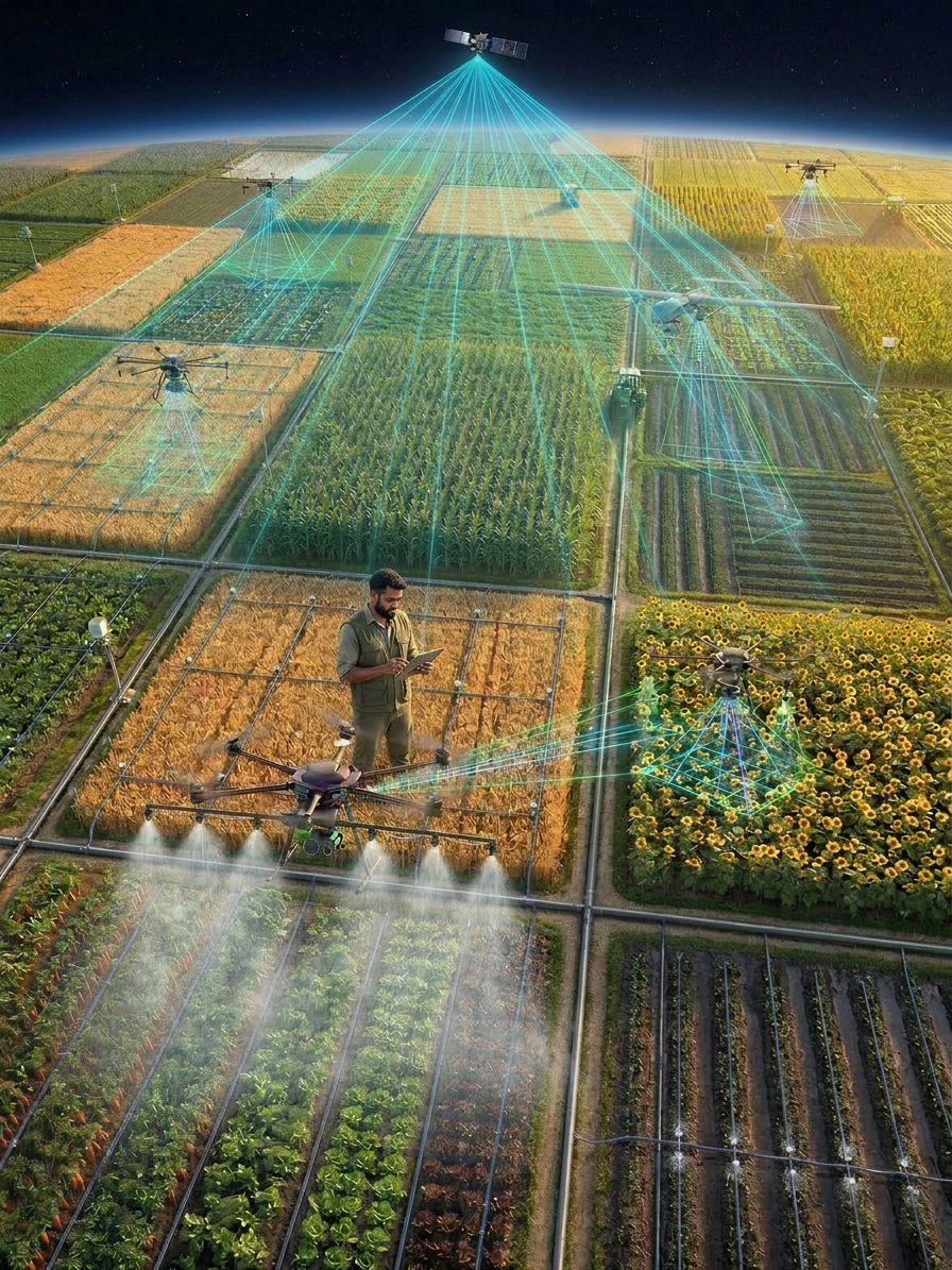 Satellite false-colour view of Indian agricultural fields